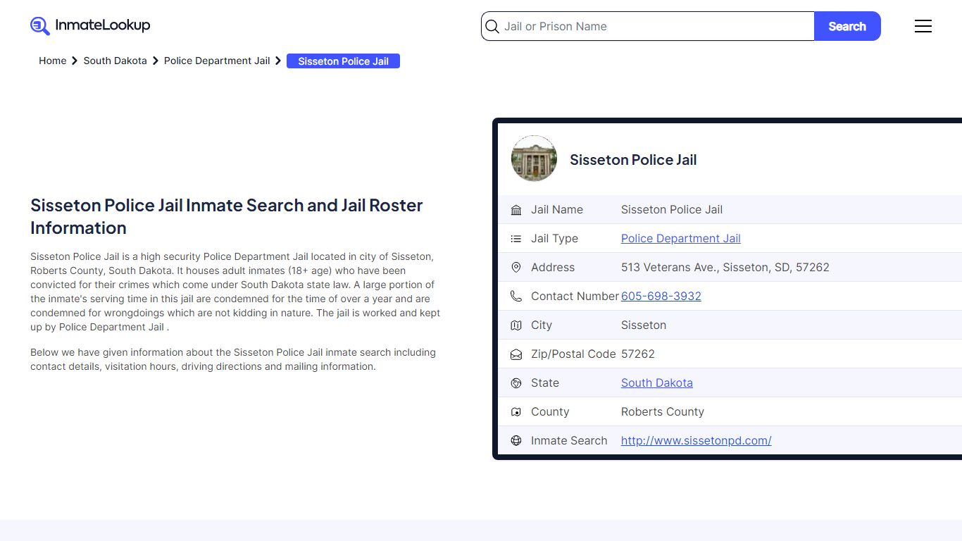 Sisseton Police Jail Inmate Search and Jail Roster Information